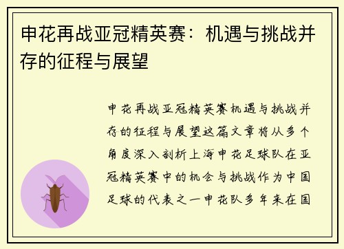 申花再战亚冠精英赛：机遇与挑战并存的征程与展望