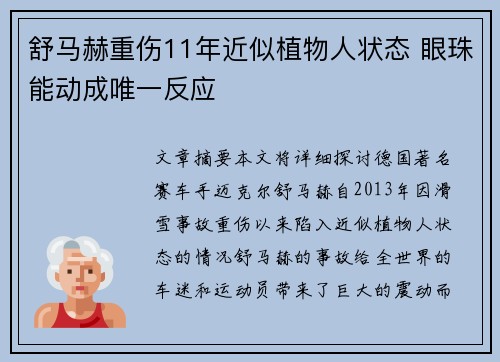 舒马赫重伤11年近似植物人状态 眼珠能动成唯一反应 舒马赫重伤11年近似植物人状态 眼珠能动成唯一反应