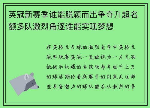 英冠新赛季谁能脱颖而出争夺升超名额多队激烈角逐谁能实现梦想 英冠新赛季谁能脱颖而出争夺升超名额多队激烈角逐谁能实现梦想